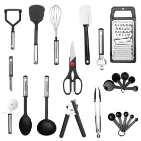 23Pcs Kitchen Utensil Set Stainless Steel Nylon Heat Resistant Cooking Utensil Tool Kit W/ Grater Scraper Tongs Whisk Can Bottle Opener Pizza Cutter V