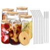 6Pcs Mason Jar Cups With Lid 16Oz Reusable Glass Beer Can With Bamboo Lids Glass Straws Cleaning Brush For Iced Coffee Smoothie Tea