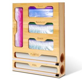 6 In 1 Plastic Wrap And Foil Organizer For Gallon Quart Sandwich Snack Ziplock Bag Bamboo Dispenser With Cutter Kitchen Drawer Storage
