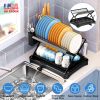 2 Tier Dish Drying Rack With Cup Holder Foldable Dish Drainer Shelf For Kitchen Countertop Rustproof Utensil Holder With Drainboard Black