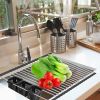 Extra Large Stretchable Roll Up Dish Drying Rack With 2 Removable Utensil Baskets Foldable Over Sink Stainless Steel Dish Drying Rack 12.59In To 23.22