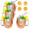 4Pcs Moscow Mule Mugs 18Oz Copper Plating Cocktail Cup Set With Straws Stainless Steel Lining Hammered Cups For Wine Beer Cocktail Cold Drinks