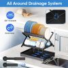 2 Tier Dish Drying Rack With Cup Holder Foldable Dish Drainer Shelf For Kitchen Countertop Rustproof Utensil Holder With Drainboard Black