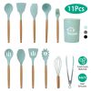 11Pcs Silicone Cooking Utensil Set Heat Resist Wooden Handle Silicone Spatula Turner Ladle Spaghetti Server Tongs Spoon Egg Whish Kitchenware Set W/ H