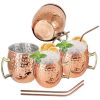 4Pcs Moscow Mule Mugs 18Oz Copper Plating Cocktail Cup Set With Straws Stainless Steel Lining Hammered Cups For Wine Beer Cocktail Cold Drinks