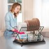2 Tier Dish Drying Rack With Cup Holder Foldable Dish Drainer Shelf For Kitchen Countertop Rustproof Utensil Holder With Drainboard Black