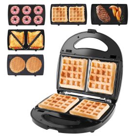5 In 1 Electric Sandwich Maker Waffle Panini Press Grill Mini Donut Egg Roll With Removable Non-Stick Plates Cool Touch Handle For Breakfast Steak Toa