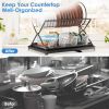 2 Tier Dish Drying Rack With Cup Holder Foldable Dish Drainer Shelf For Kitchen Countertop Rustproof Utensil Holder With Drainboard Black