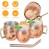 4Pcs Moscow Mule Mugs 18Oz Copper Plating Cocktail Cup Set With Straws Stainless Steel Lining Hammered Cups For Wine Beer Cocktail Cold Drinks