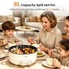 6L/1.59Gal Electric Hot Pot With Divider And Lid 2000W Stainless Steel With 2 Heat Settings Independent Control Overheat Protection Ladle & Slotted Sp