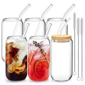 6Pcs Mason Jar Cups With Lid 16Oz Reusable Glass Beer Can With Bamboo Lids Glass Straws Cleaning Brush For Iced Coffee Smoothie Tea