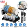 2 Tier Dish Drying Rack With Cup Holder Foldable Dish Drainer Shelf For Kitchen Countertop Rustproof Utensil Holder With Drainboard Black