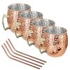 4Pcs Moscow Mule Mugs 18Oz Copper Plating Cocktail Cup Set With Straws Stainless Steel Lining Hammered Cups For Wine Beer Cocktail Cold Drinks