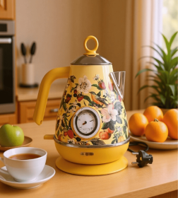 Luxury Hand-Painted Electric Kettle with Retro Thermometer Display, 1850W SUS304 Stainless Steel, 2.0L Capacity, BPA-Free