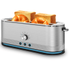 Four-piece toaster with silver finish, 7 baking levels, defrost/reheat/cancel function, 4×1.5-inch slots, anti-clogging design