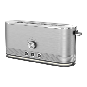 Four-piece toaster with silver finish, 7 baking levels, defrost/reheat/cancel function, 4×1.5-inch slots, anti-clogging design