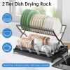 2 Tier Dish Drying Rack With Cup Holder Foldable Dish Drainer Shelf For Kitchen Countertop Rustproof Utensil Holder With Drainboard Black