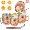 4Pcs Moscow Mule Mugs 18Oz Copper Plating Cocktail Cup Set With Straws Stainless Steel Lining Hammered Cups For Wine Beer Cocktail Cold Drinks