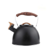 Black European-style kettle with gas stove whistle function. Boils water in 8-10 minutes with 0.35mm-thick body. 3.0L capacity compatible with inducti