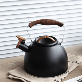 Black European-style kettle with gas stove whistle function. Boils water in 8-10 minutes with 0.35mm-thick body. 3.0L capacity compatible with inducti (PSHAB36A3LG: PSHAB36A3LB)