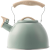 Black European-style kettle with gas stove whistle function. Boils water in 8-10 minutes with 0.35mm-thick body. 3.0L capacity compatible with inducti