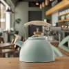 Black European-style kettle with gas stove whistle function. Boils water in 8-10 minutes with 0.35mm-thick body. 3.0L capacity compatible with inducti