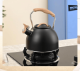 Black European-style kettle with gas stove whistle function. Boils water in 8-10 minutes with 0.35mm-thick body. 3.0L capacity compatible with inducti